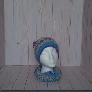 Hand crocheted beanie with a faux fur pom and cowl scarf set